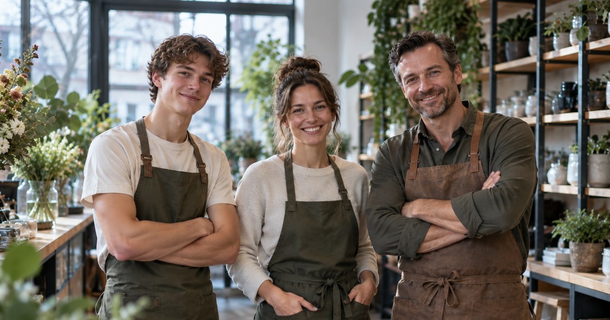 Drie medewerkers van verschillende leeftijden in schorten naast elkaar in een winkel