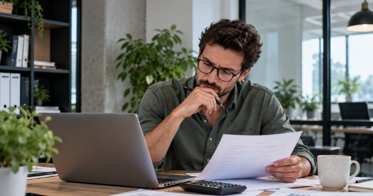 Ondernemer leest kritisch een offerte met een rekenmachine en laptop op zijn bureau
