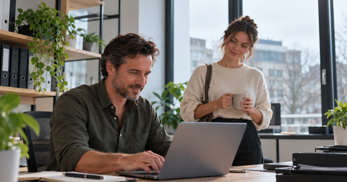 Werkgever registreert een nieuwe werkneemster op zijn laptop terwijl zij met een koffie wacht