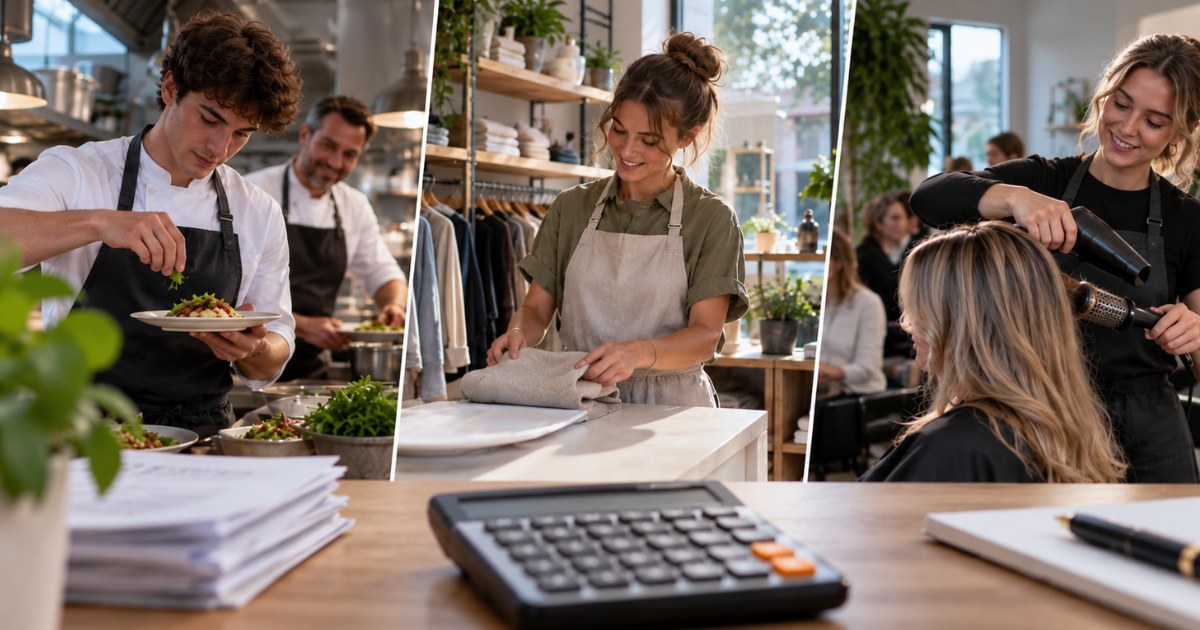 Flexi-jobbers aan het werk in een restaurantkeuken, een kledingwinkel en een kapsalon, met een rekenmachine op de voorgrond