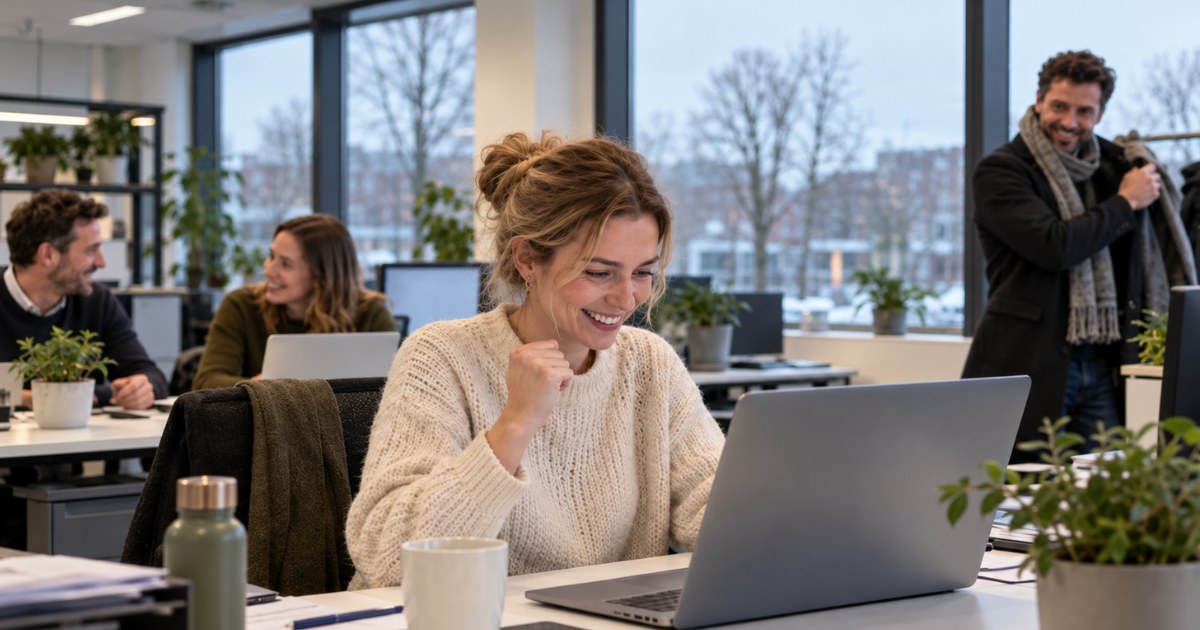 Werkneemster bekijkt blij haar loonbrief op haar laptop in een kantoor in december