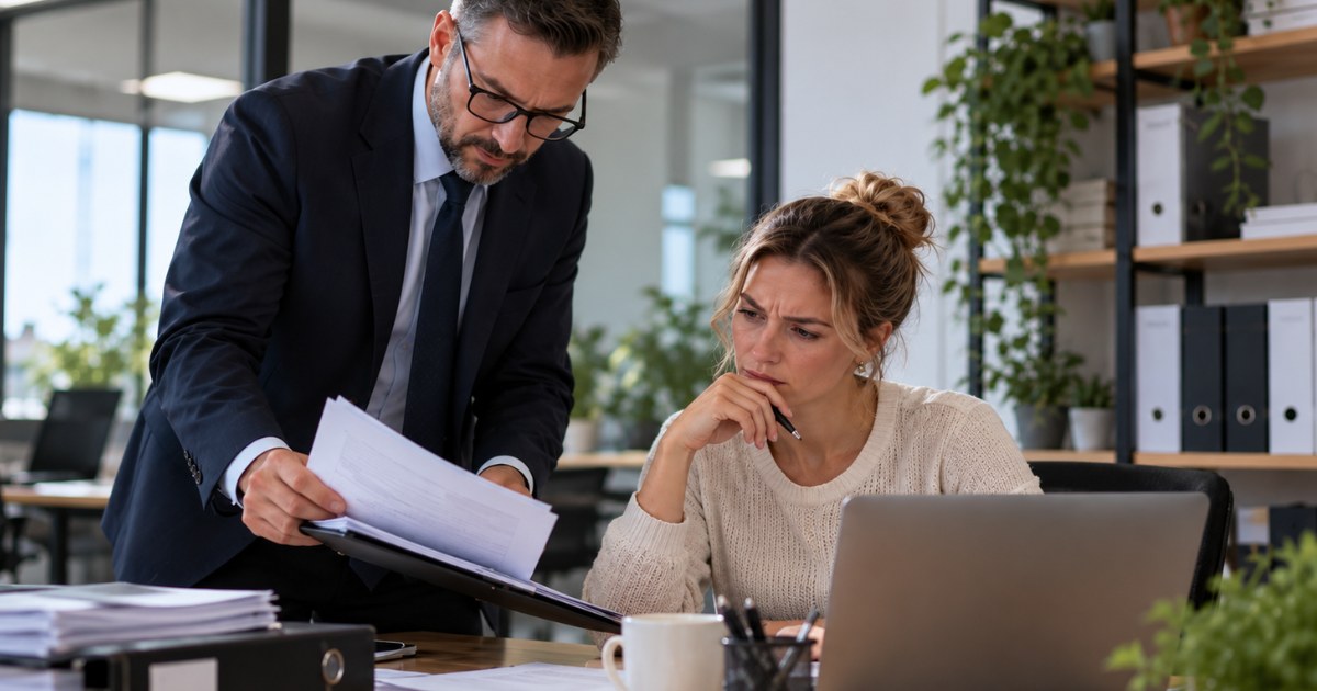 Sociaal inspecteur overloopt documenten met een werkgeefster aan haar bureau