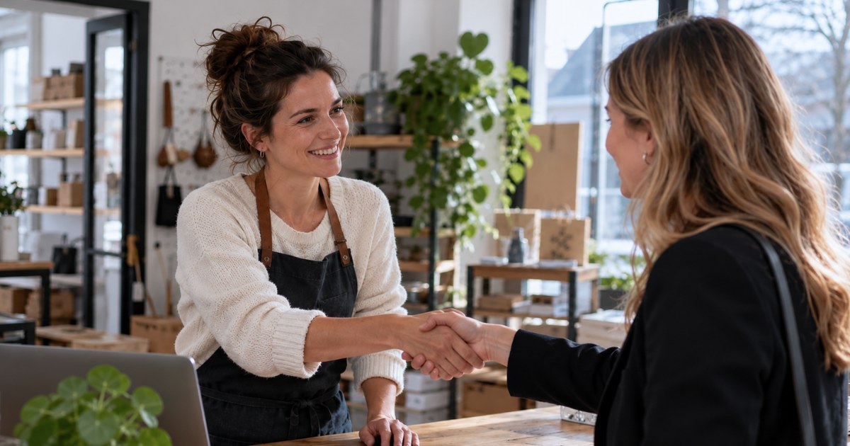 Winkeluitbaatster schudt de hand van haar eerste nieuwe medewerkster