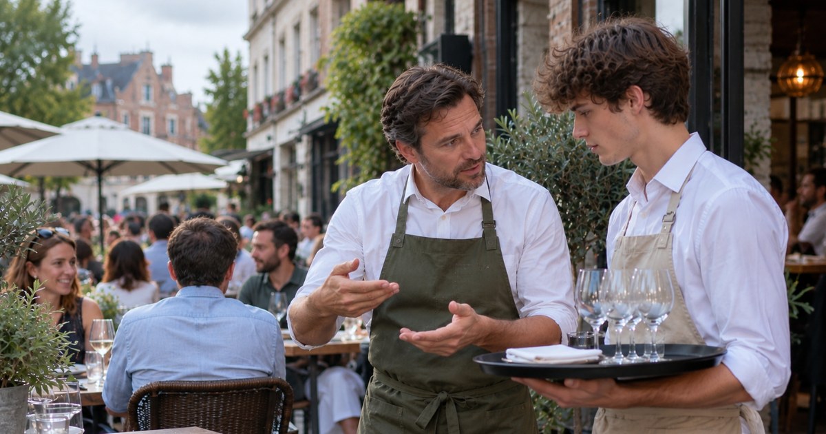 Horeca-uitbater geeft uitleg aan een nieuwe flexi-jobber met een dienblad op een druk terras