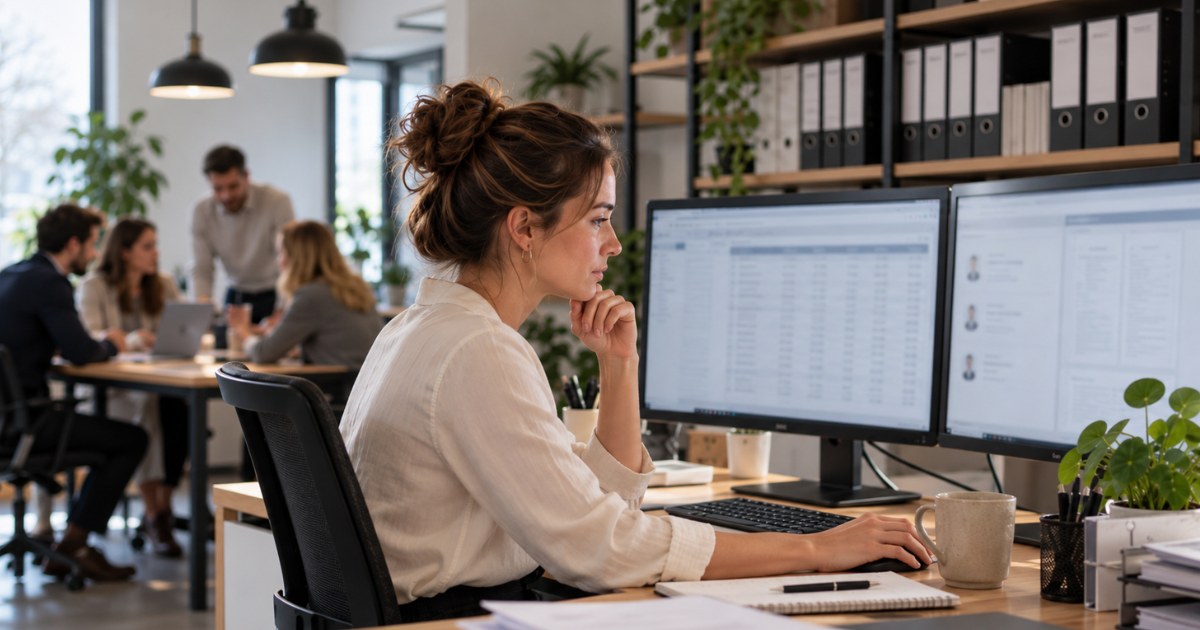 Medewerkster verwerkt lonen op twee schermen in een kantoor