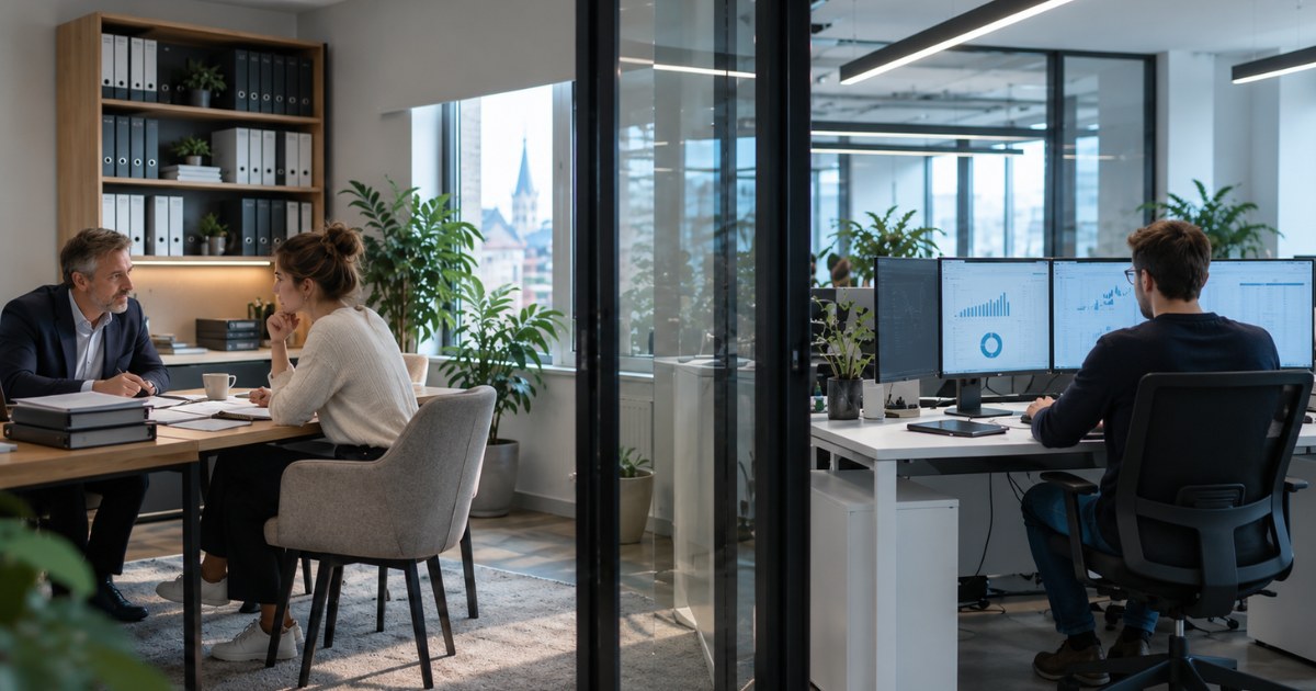 Kantoor met een adviesgesprek links en een medewerker aan payrollschermen rechts