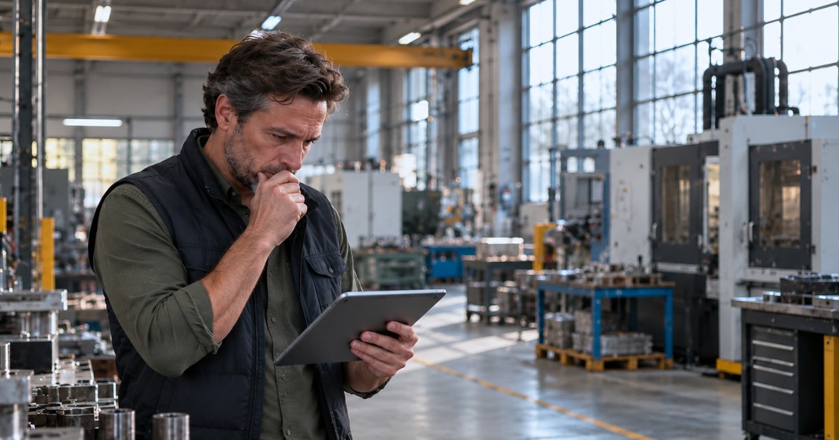 Bedrijfsleider kijkt bezorgd naar een tablet in een stilgevallen productiehal