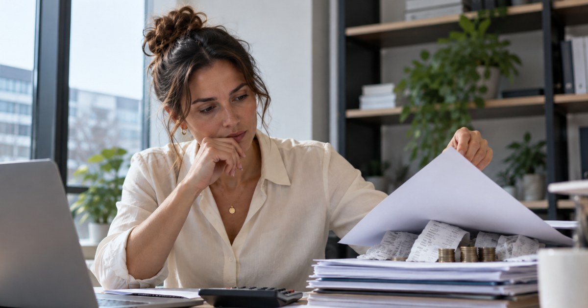Ondernemer bekijkt bezorgd een stapel facturen en kasbonnen met muntjes op haar bureau