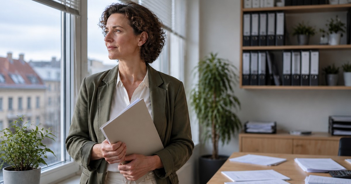Werkgeefster staat met een map bij het raam van haar kantoor en denkt na over de loonadministratie