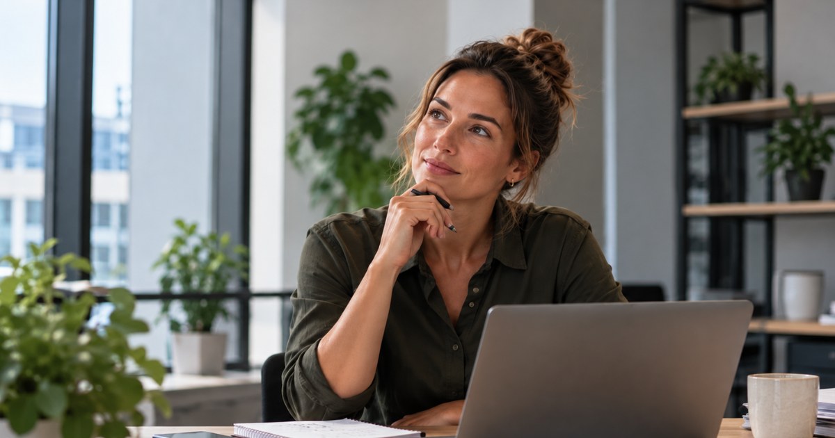 Ondernemer denkt na achter haar laptop terwijl ze verschillende sociale secretariaten vergelijkt