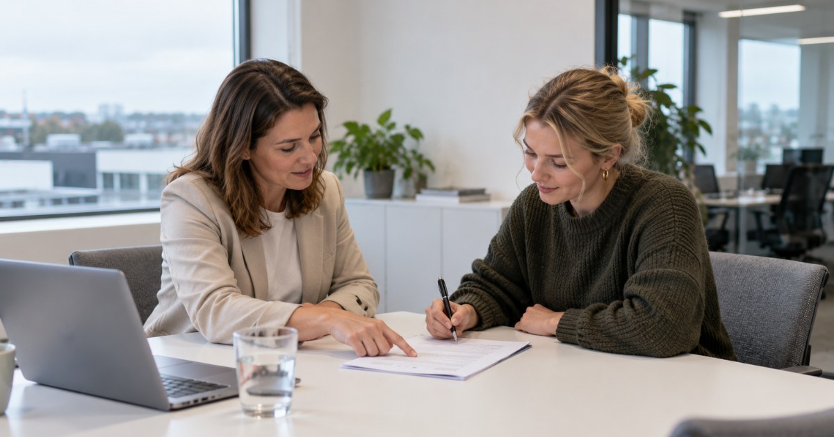 HR-verantwoordelijke overloopt het arbeidsreglement met een nieuwe werkneemster die het document ondertekent