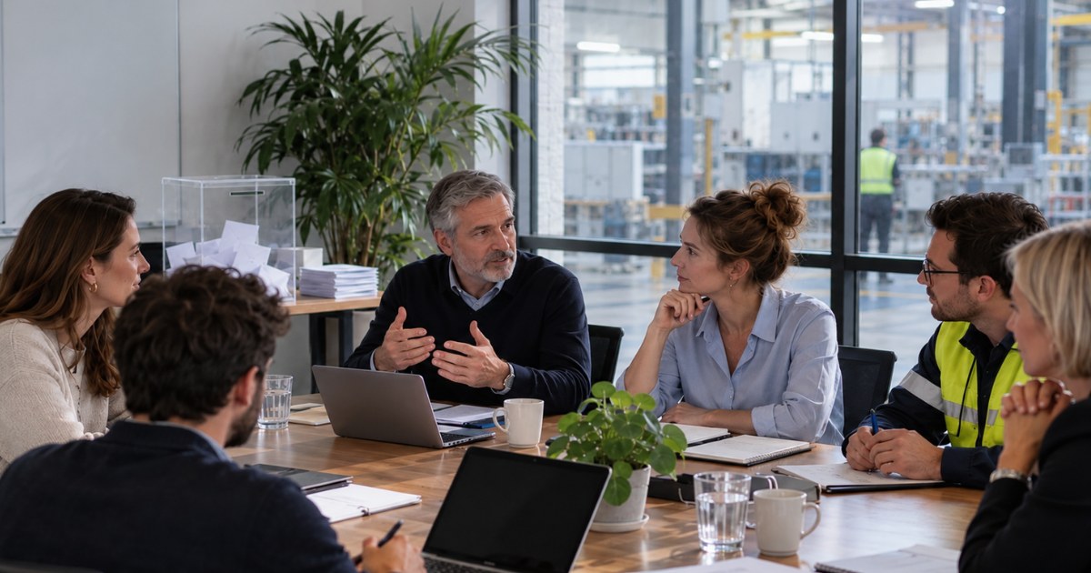 Werkgever en werknemersvertegenwoordigers in overleg rond een vergadertafel met een stembus