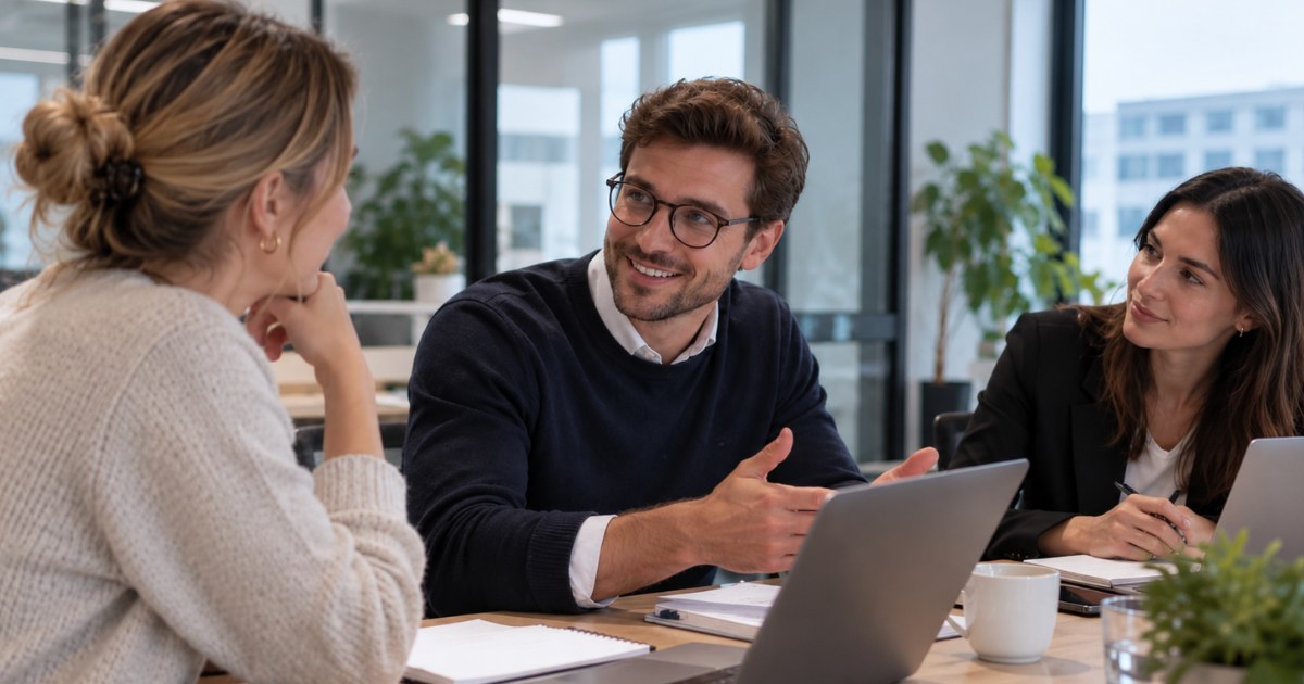 Drie collega's bespreken aan een vergadertafel met laptops de keuze voor hun loonadministratie