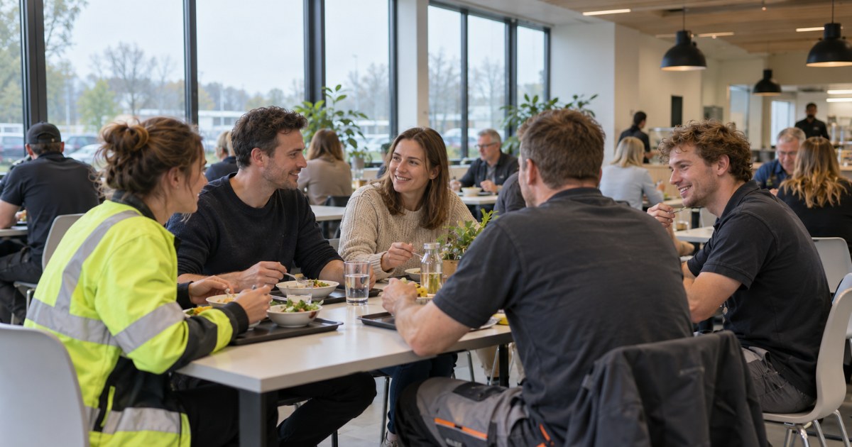 Medewerkers uit magazijn, kantoor en productie lunchen samen in de gedeelde bedrijfskantine